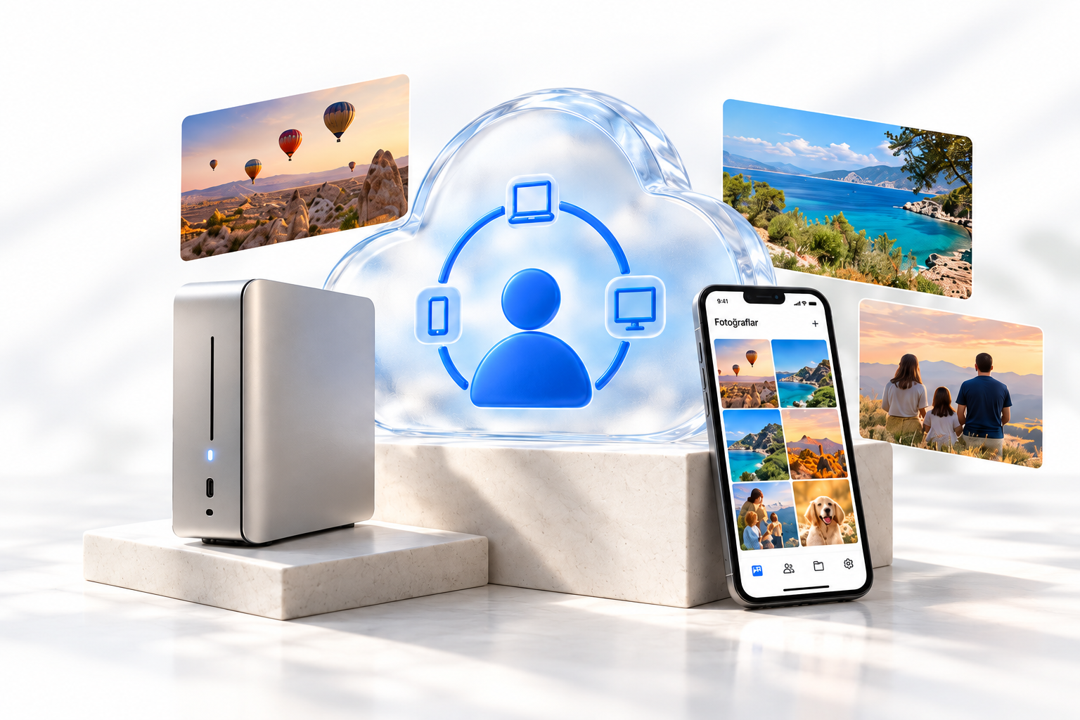 Kişisel bulutu temsil eden cam heykel, masaüstü bilgisayar ve fotoğraf galerili telefon
